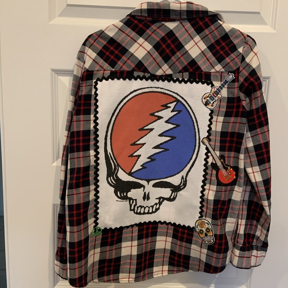 Women’s Custom Grateful Dead Plaid Flannel Snap Front Shirt. Sz M